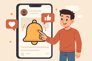 Cartoon Man Tapping Notification Bell on Smartphone, Social Media Alerts, Staying Updated with Online Content, Like and Heart Icons, Mobile App Communication Concept Vector Illustration