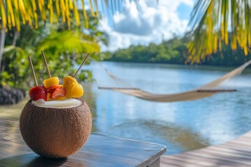 Tropical coconut drink by a lake with relaxing hammock in background