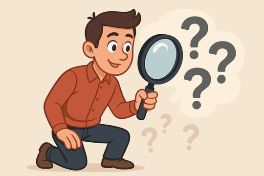 Curious man searching for answers with magnifying glass, question marks symbolizing inquiry, exploration, investigation, problem solving, FAQ concept, cartoon vector illustration, no text