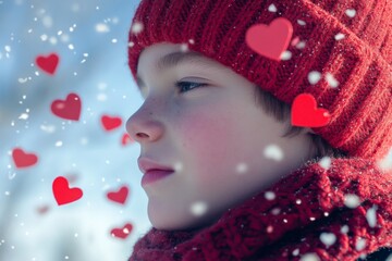 Young boy in red winter clothes surrounded by floating hearts
