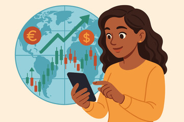 Confident woman using mobile device for online forex trading and global investment, rising financial chart, candlestick graph, dollar and euro currency, worldwide stock market, technology concept