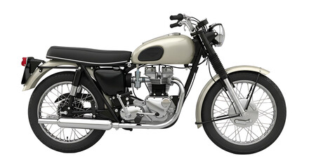 Classic Triumph motorcycle, light beige, black seat, chrome details, vintage design, isolated on white background.