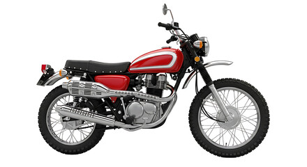 Obraz premium A classic red and black motorcycle, showcasing its design and components against a white background.