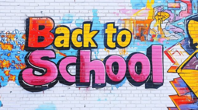 Back to school graffiti is announcing the beginning of classes on brick wall