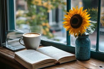 Cozy morning reading scene with open book, coffee, and sunflower by window
