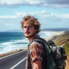 Fototapeta premium young man hitchhiking along coastal highway, wind in hair, ocean horizon behind, realistic beachside scenery, expressive face, sunny travel mood 