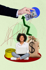 Trend composite sketch 3D photo collage of hand hold banknote motivation young lady sit down smile...