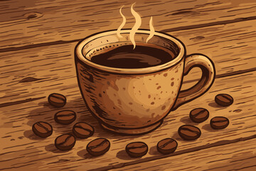 Rustic hot coffee cup with steam, surrounded by roasted coffee beans on aged wood table. Vintage hand-drawn vector illustration. Cozy cafe morning beverage scene for menu or kitchen decor design