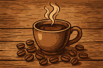 Vintage hand drawn coffee cup with steam and roasted coffee beans on rustic wooden table background. Retro style vector illustration for cafe menu, breakfast, hot drink, barista, morning beverage