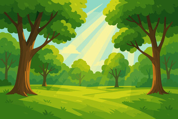 Cartoon forest landscape with sunlight rays streaming through lush green trees onto grassy meadow, summer park scene, bright outdoor nature, sunbeams, tranquil environment, vector illustration