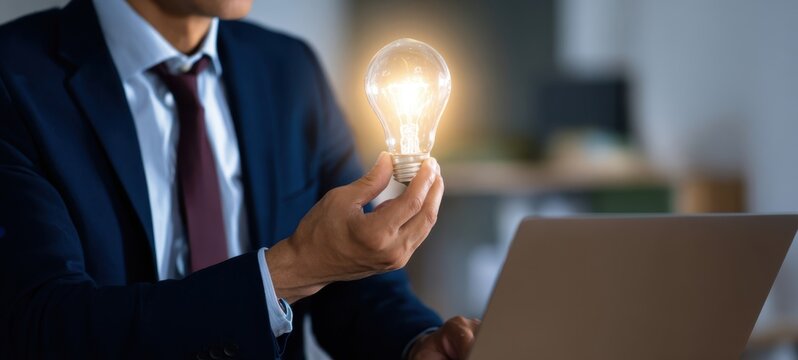 The businessman holding a glowing lightbulb and working on a laptop. - Powered by Adobe