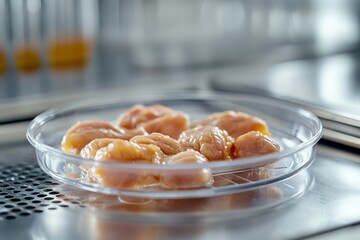 Cultured chicken meat in lab dish on stainless steel surface