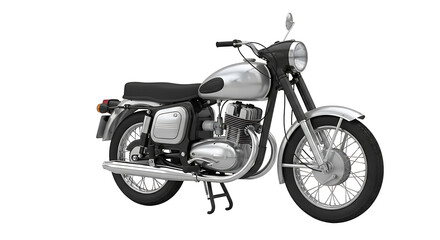 Fototapeta premium A vintage motorcycle with a silver gas tank and black seat is displayed on a white background.