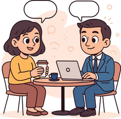 Businessman and woman talking at coffee table. Flat vector illustration for communication, meeting, freelance and business lifestyle themes