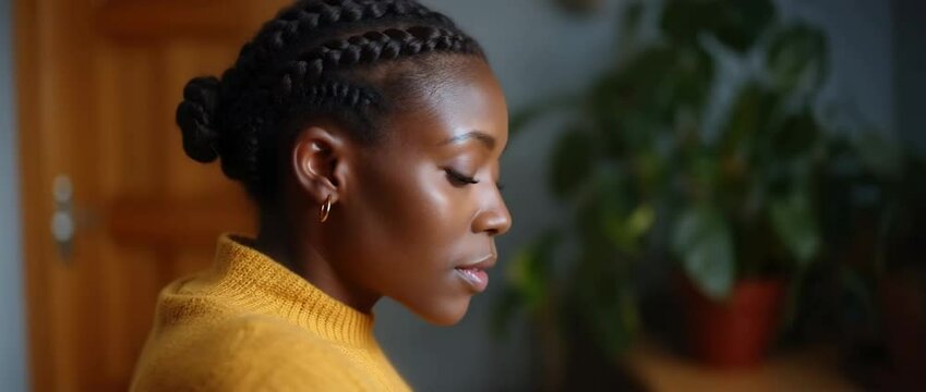 Elegant head turn: graceful profile to direct gaze with braided hairstyle
