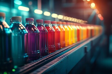Colorful beverage bottles on factory conveyor belt