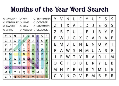 Months of the Year Word Search Puzzle with Answer Key