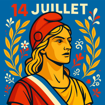 French Marianne. 14 July. Bastille Day. Bright vector poster