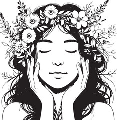 Black and white illustration of a woman with a flower crown, serene and peaceful