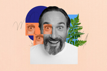 Poster trend sketch 3D photo collage of aged man face smile search focus watch escape eye vision...