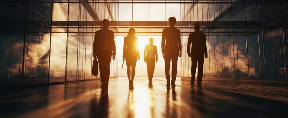 The silhouettes of business professionals walking towards a bright sunset.