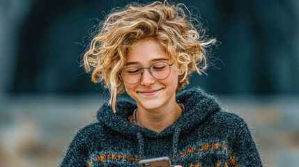 Happy curly-haired boy using a smartphone, wearing a hoodie enhanced with glowing digital network overlays, representing technology interaction