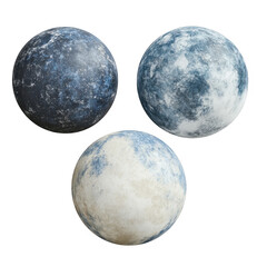 Obraz premium Three textured celestial spheres with blue and grey patterns isolated on transparent background