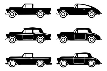 Fototapeta premium Classic Vehicle Silhouette: A collection of meticulously crafted monochrome silhouettes showcasing various classic vehicle designs.