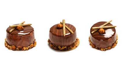 Chocolate and caramel cake isolated on a white background.