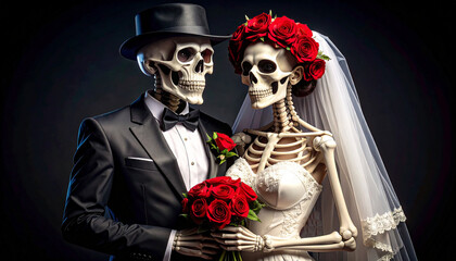 Skeletons in wedding clothing, red roses, celebration. AI