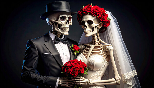 Skeletons in wedding clothing, red roses, celebration. AI