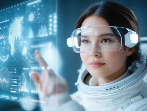 A female astronaut interacts with a futuristic transparent digital interface, immersed in advanced technology and space exploration.