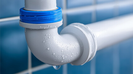 Close-up of white PVC plumbing pipe with water leak and condensation