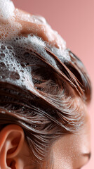 Close-up of hair being washed with shampoo, foamy clean bubbles