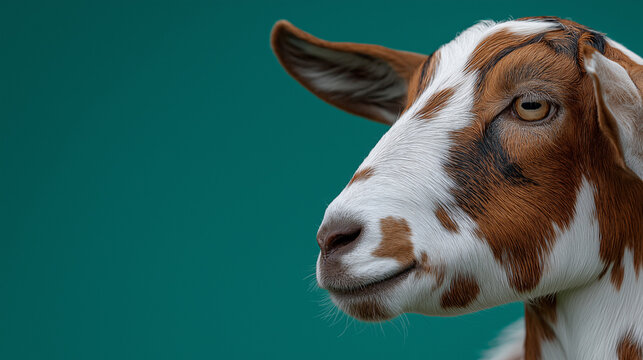 Healthy Brown and White Goat in Soft Light Against Green Background - Powered by Adobe