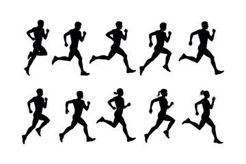 Running People Silhouette Vector Illustration of Male and Female Runners in Motion on White Background