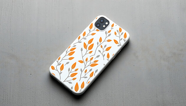 Stylish modern smartphone with a vibrant floral orange leaf design on a white phone case against a grey background - Powered by Adobe
