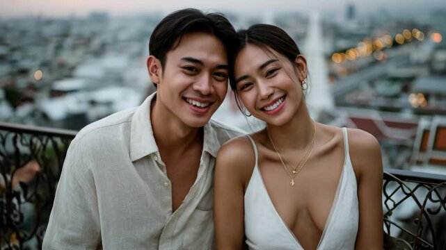 A young loving couple illuminated by professional studio lighting, standing in sharp focus against a softly blurred cityscape at sunset. They gaze sweetly into the camera, then lovingly at each other.