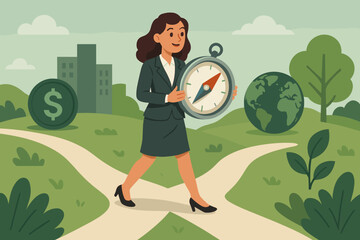 Sustainable business concept with businesswoman navigating crossroads. ESG and CSR metaphor. Woman with compass chooses between economy and ecology, profit and planet. Vector.