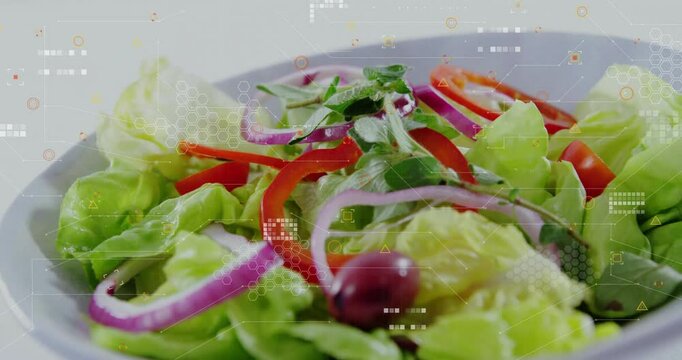 After one second, data graphics fading in and animating across salad plate, highlighting nutrients