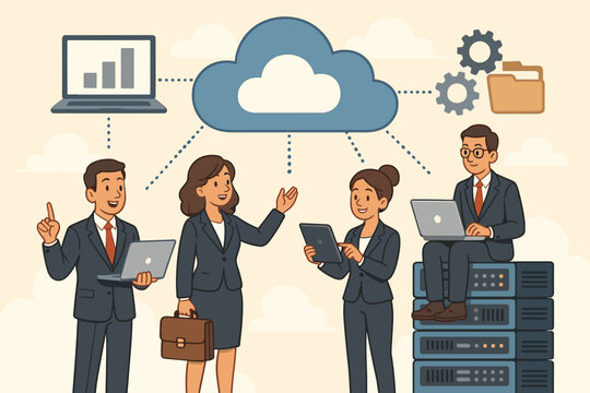 Business team collaborating on enterprise solutions using cloud technology. Vector concept of data storage, server hosting, and network services for corporate IT infrastructure.