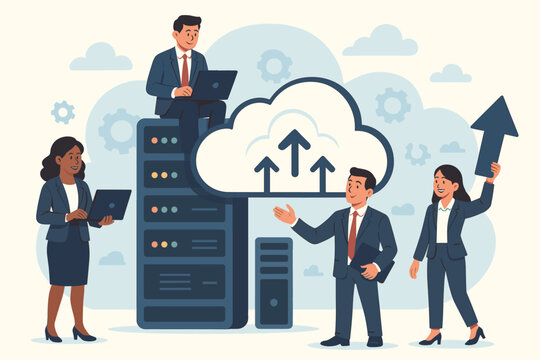 Businesspeople leveraging cloud technology and server services for enterprise solutions. IT team managing data center and online storage for company growth. Cartoon vector illustration.