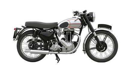 Classic silver and black motorcycle, vintage design, side profile view against white background.