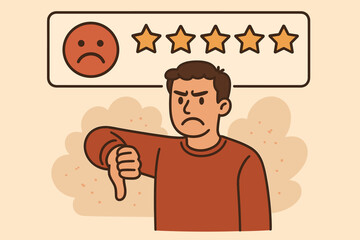 Unhappy customer giving negative review with thumb down. Bad feedback and one star rating concept. Dissatisfied client, poor service experience and user complaint illustration.