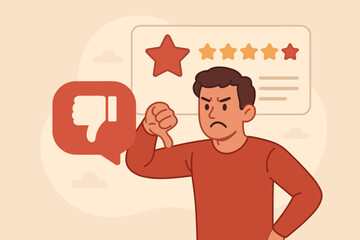 Angry customer giving negative review with one star rating. Unhappy client showing thumbs down dislike gesture. Bad feedback, poor service or product quality vector concept.