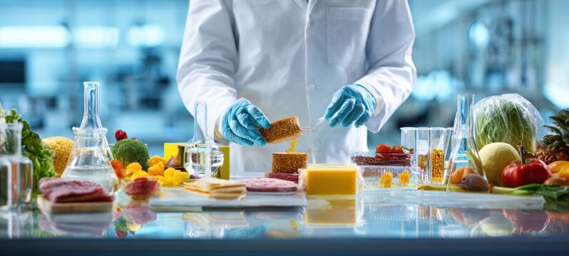The scientist in a laboratory carefully analyzing food ingredients for research.