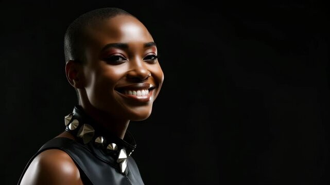 Confident transformation: joyful expression evolution against black background