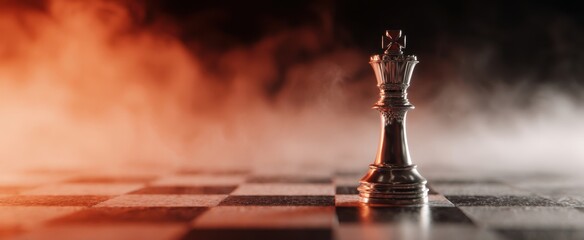 The majestic king chess piece surrounded by smoke on a dramatic board.