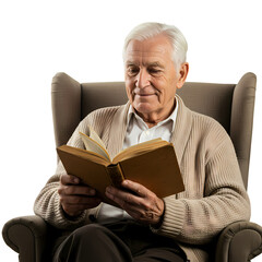 Senior Man Reading Book Relaxation Retirement and Wisdom on transparent background