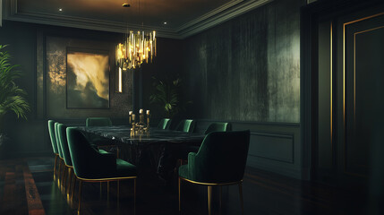 Sophisticated luxury dining room,bold textures and high-contrast elements like a black marble table and gold detailing. Real estate, luxury brand campaigns, or interior trend publications. No people.